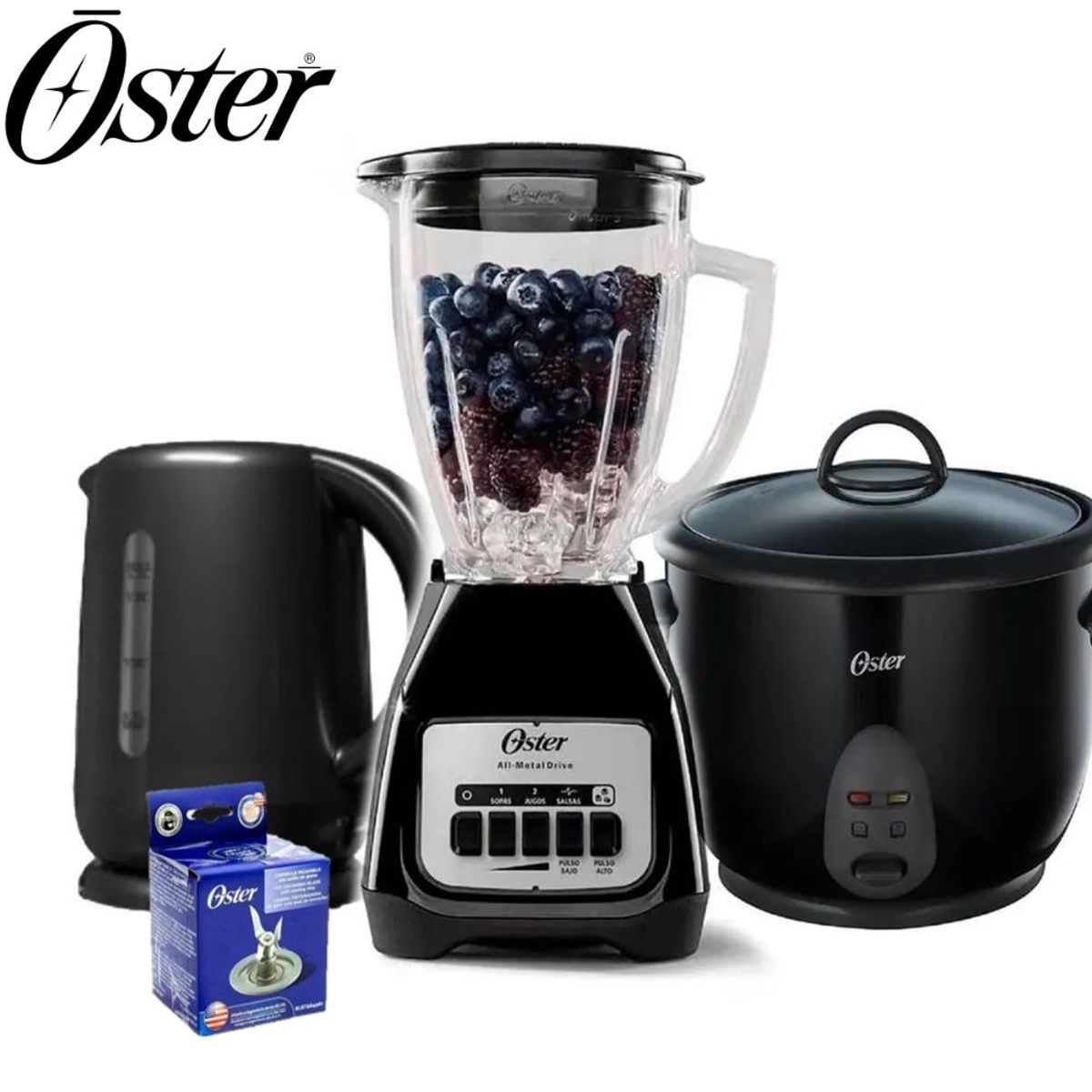 OSTER - TriCombo Oster Licuadora BPB +Olla Arrocera CKSTRC1700B +Hervidor + Cuchilla 4 aspas