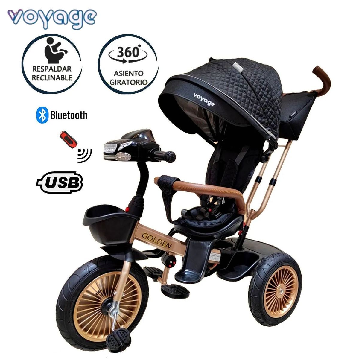 VOYAGE - Triciclo Asiento Giratorio GOLDEN con Tela UV Negro