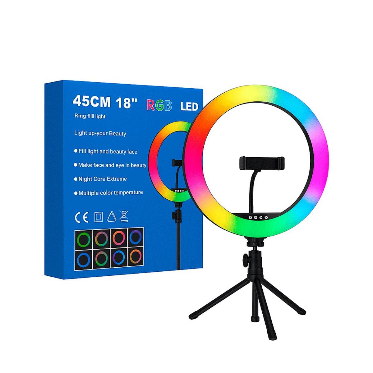 GENERICO - Aro de Luz LED RGB 45 cm (18") con Trípode y Soporte para Celular