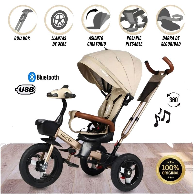 VOYAGE - Triciclo Guiador para Niños Usb y Bluetooh Racer Beige