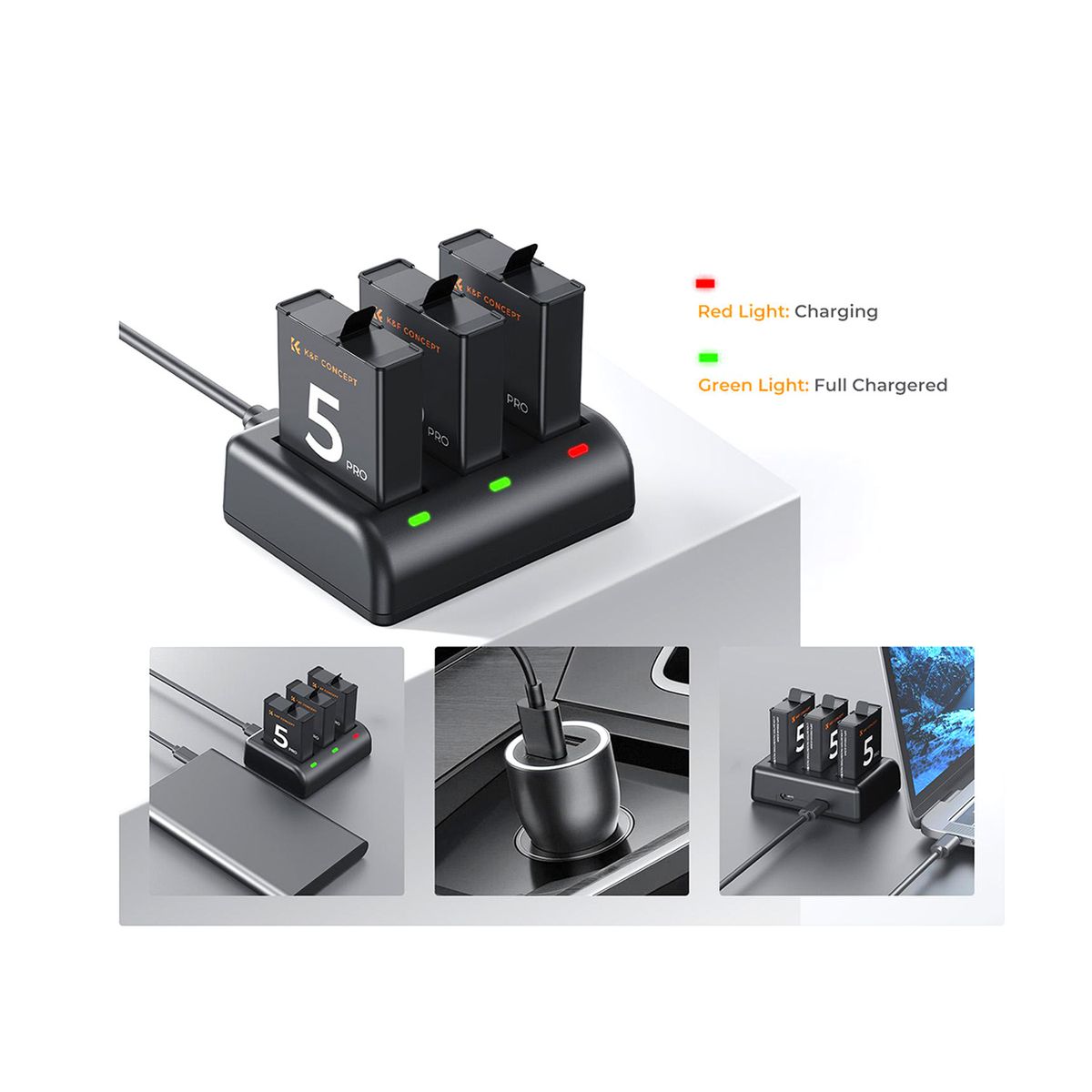 K&F CONCEPT - Kit 3 baterías + cargador triple DJI OSMO Action Pro 5/4/3 KF28.0086