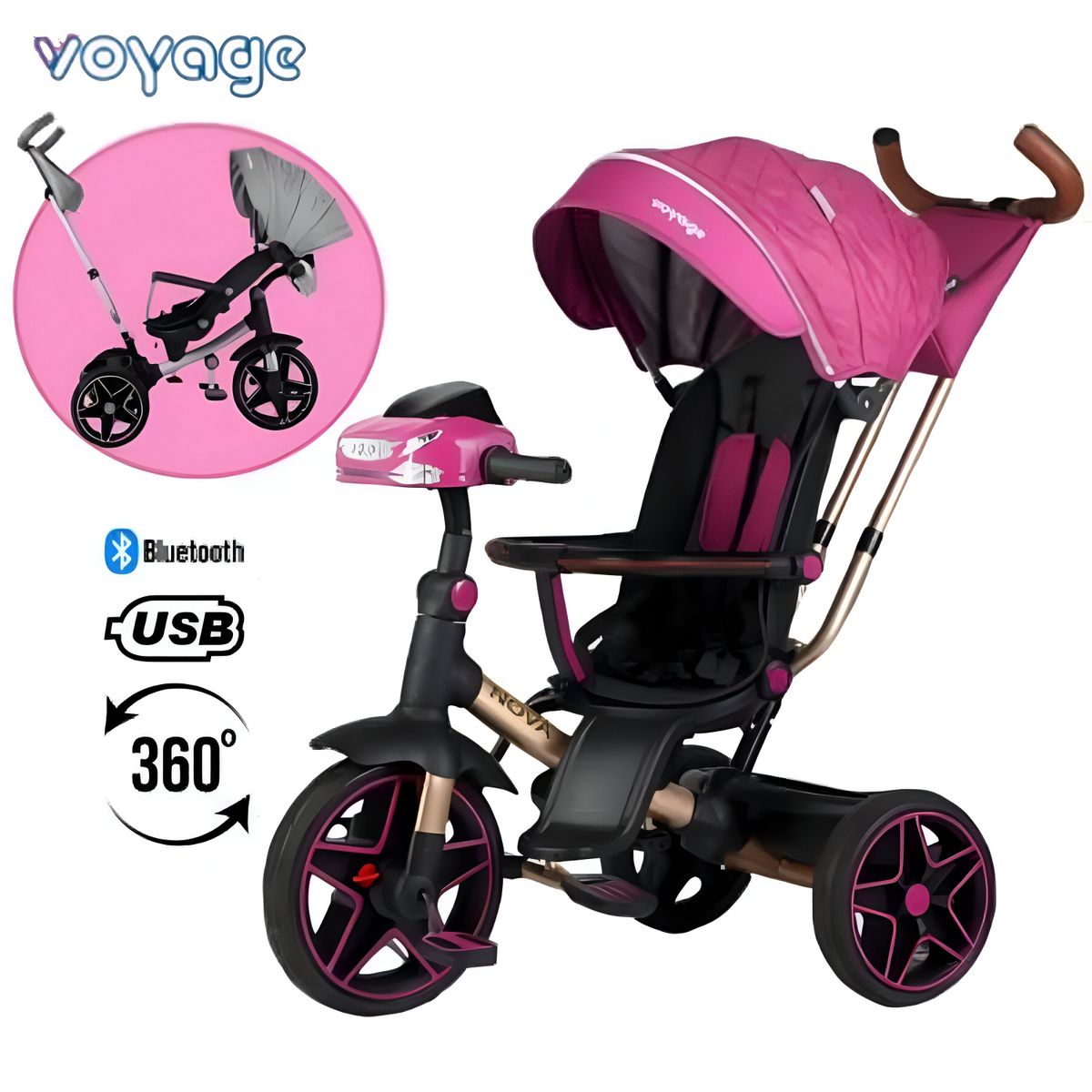 VOYAGE - Triciclo NOVA Giratorio 360° USB Bluetooth Tela UV Fucsia