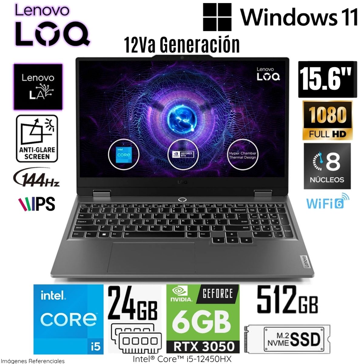 LENOVO - Laptop Lenovo LOQ 15IAX9 Intel Core i5-12450HX 24GB RAM 512GB SSD RTX 3050-6GB 15.6"  FHD 83GS00EQLM