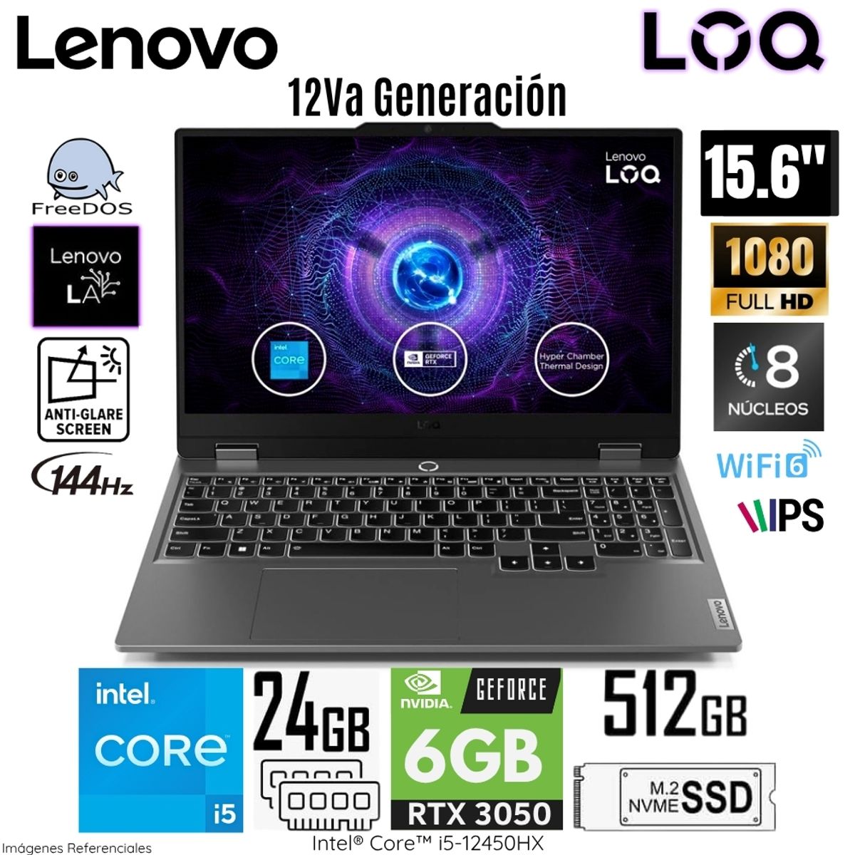 LENOVO - Laptop Lenovo LOQ Intel Core i5-12450HX 24GB RAM 512GB SSD 15.6" FHD RTX 3050 83GS00EQLM - Free Dos