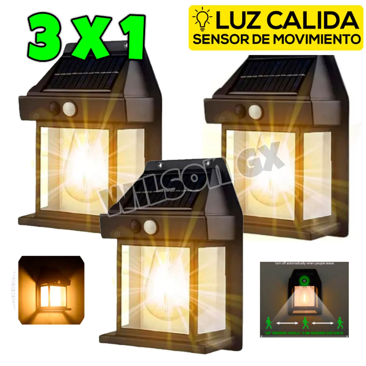 GENERICO - Kit 3 Foco Luz Solar Sensor Movimiento Lámpara Exterior Recargable