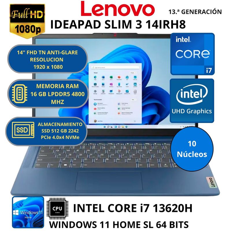 LENOVO - Laptop Lenovo IDEAPAD SLIM 3 14IRH8 INTEL CORE i7-RAM 16 GB SSD 512 GB 14"FHD WINDOWS 11