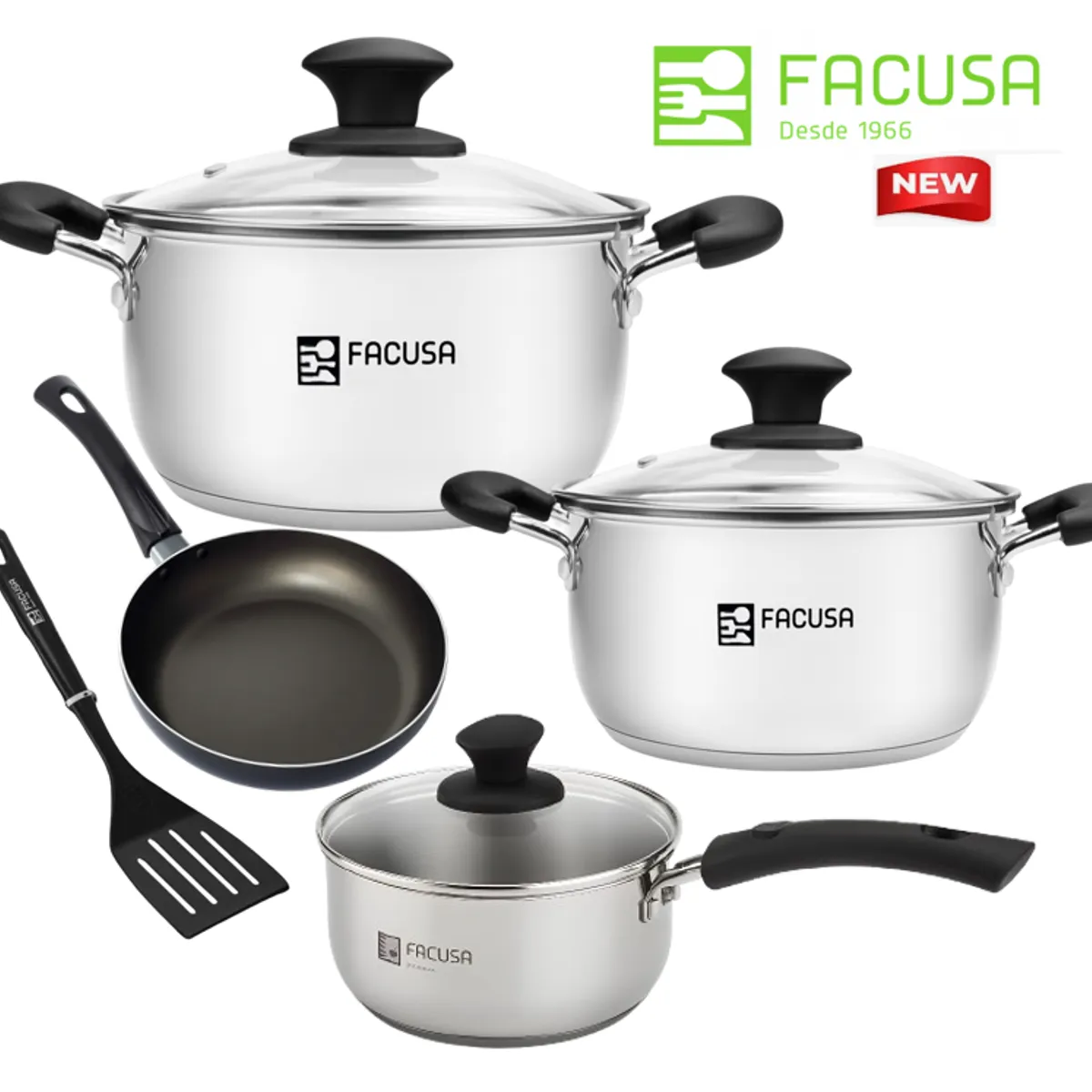 FACUSA - Juego de Ollas 8 Piezas Acero Inoxidable con tapa de vidrio Facusa