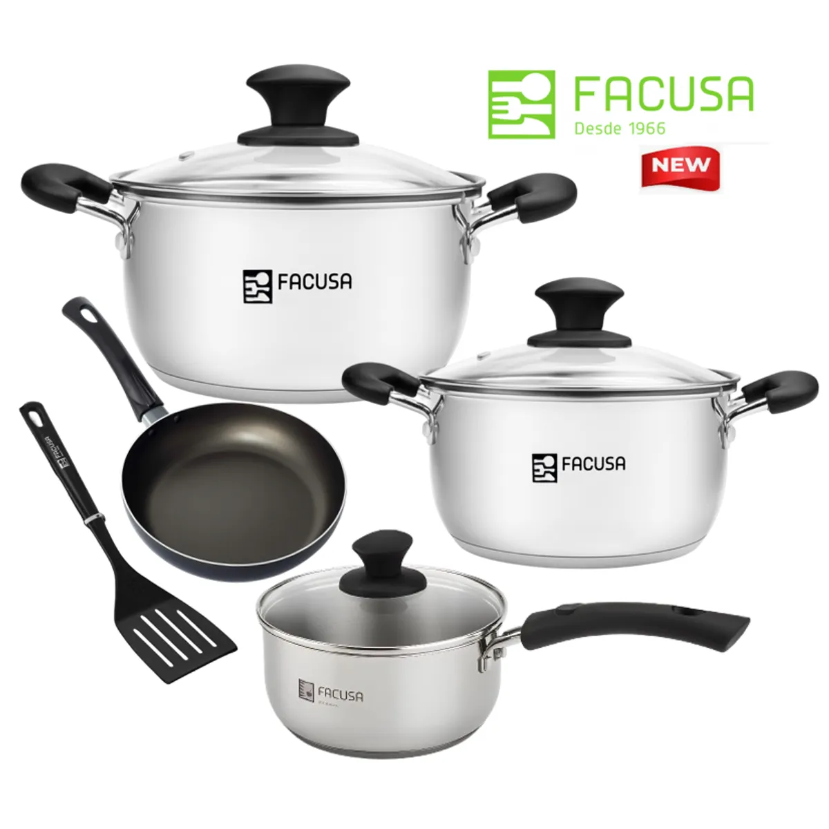 FACUSA - Juego de Ollas 8 Piezas Acero Inoxidable con tapa de vidrio Facusa