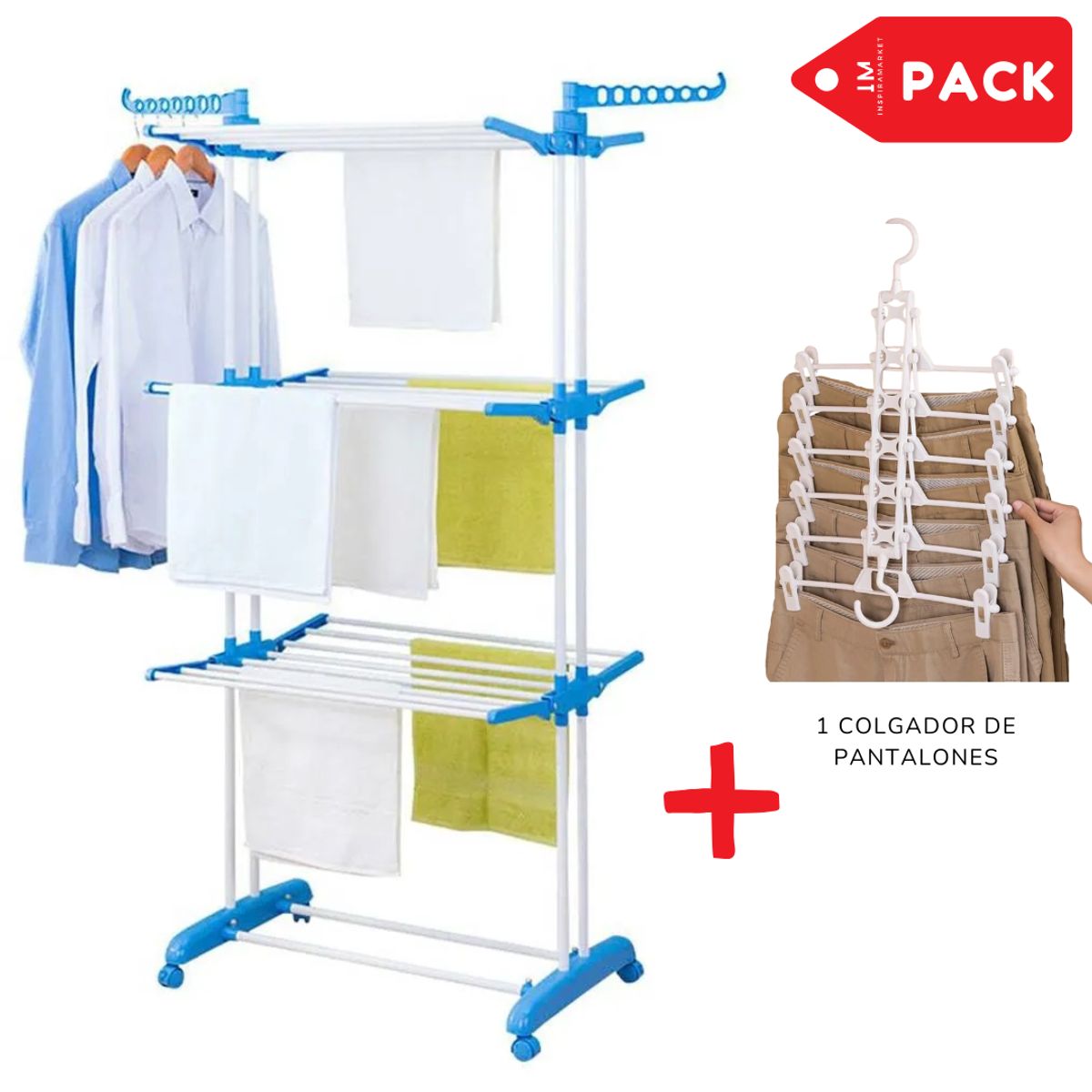 INSPIRA MARKET - Tendedero Organizador Plegable 4 N y Colgador de Pantalones