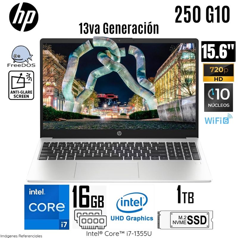 HP - Laptop HP 250 G10 Intel Corei7-1355U 16GB RAM 1TB SSD 15.6"  HD Free Dos Silver - 9S7D1LS