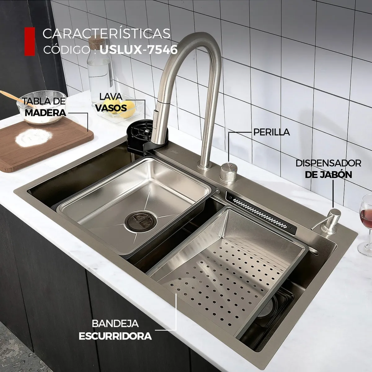 XM - Lavadero Multifuncional Lujo Acero 304 USLUX-7546 PLATEADO SATINADO