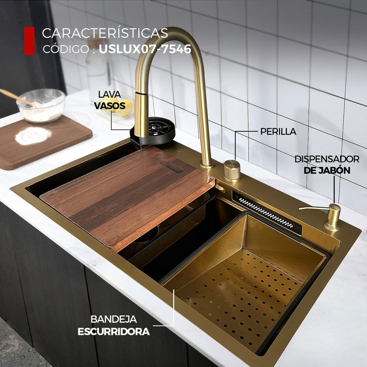 XM - Lavadero Multifuncional Lujo Acero 304 USLUX07-7546 DORADO NANO