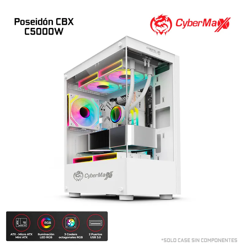 CYBERTEL - Case Gamer Poseidón CBX C5000W RGB 3FAN 12CM White CYBERTEL