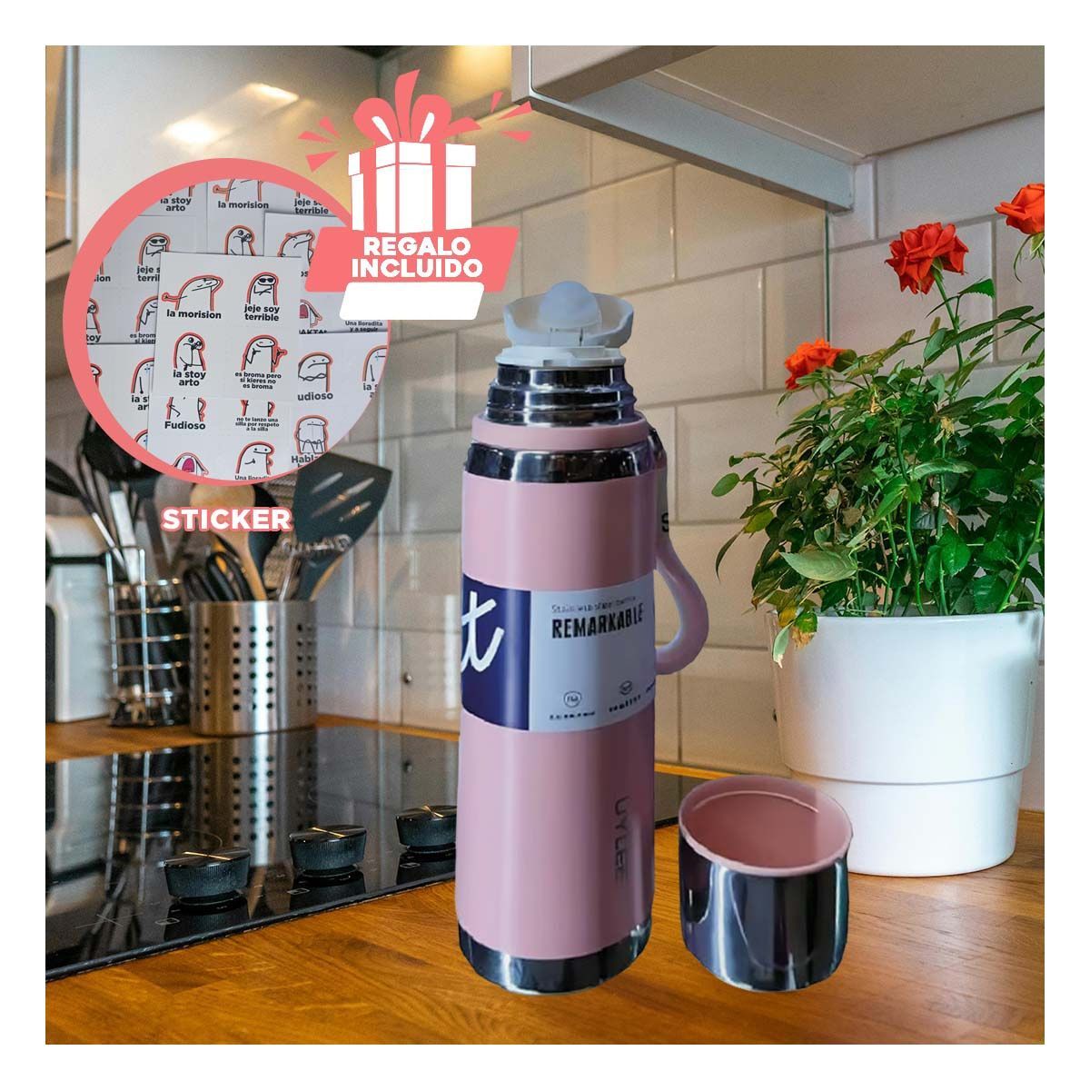 GENERICO - Pack6 Botella Termica 800ml en Rosado Y+Regalo Stickers