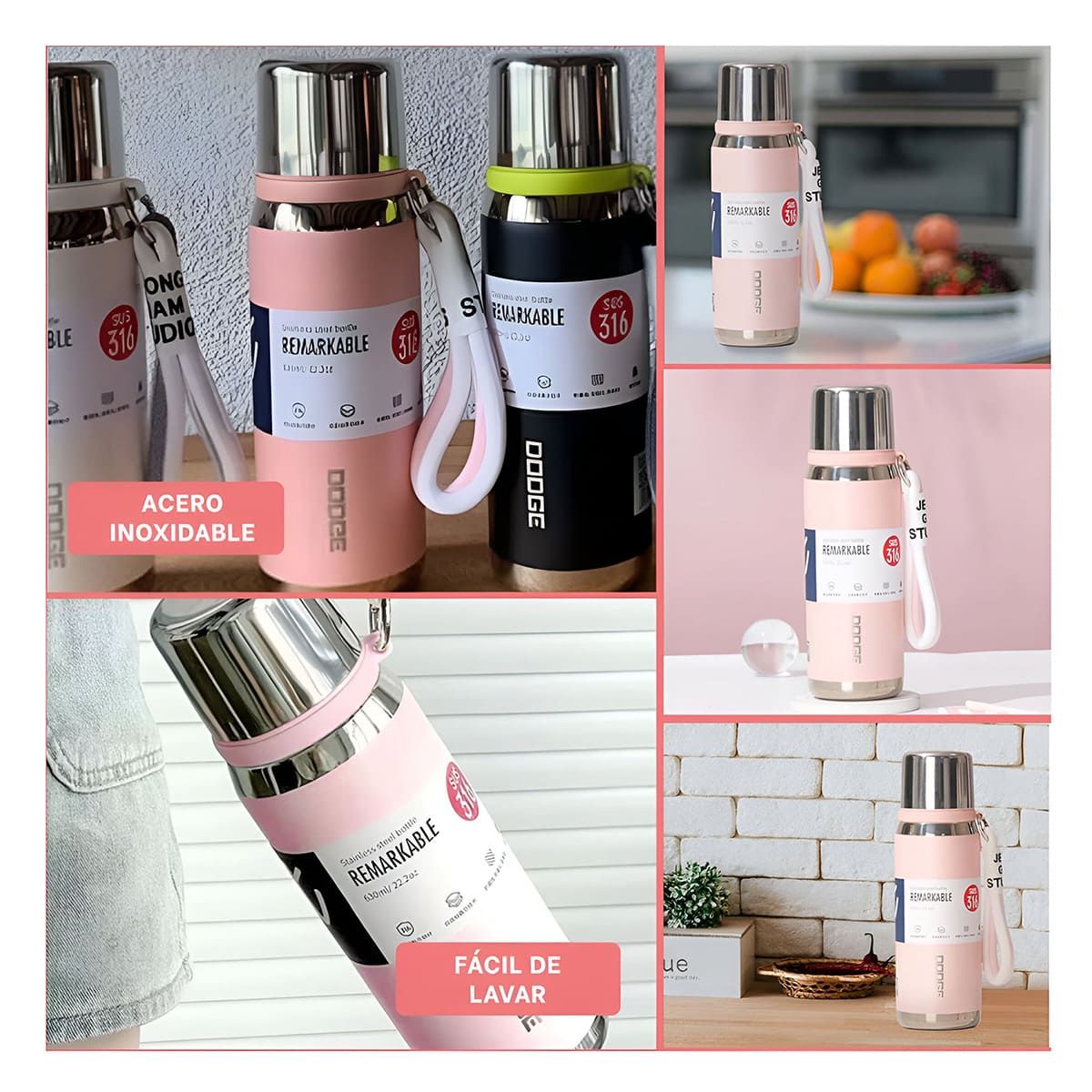 GENERICO - Pack6 Botella Termica 800ml en Rosado Y+Regalo Stickers