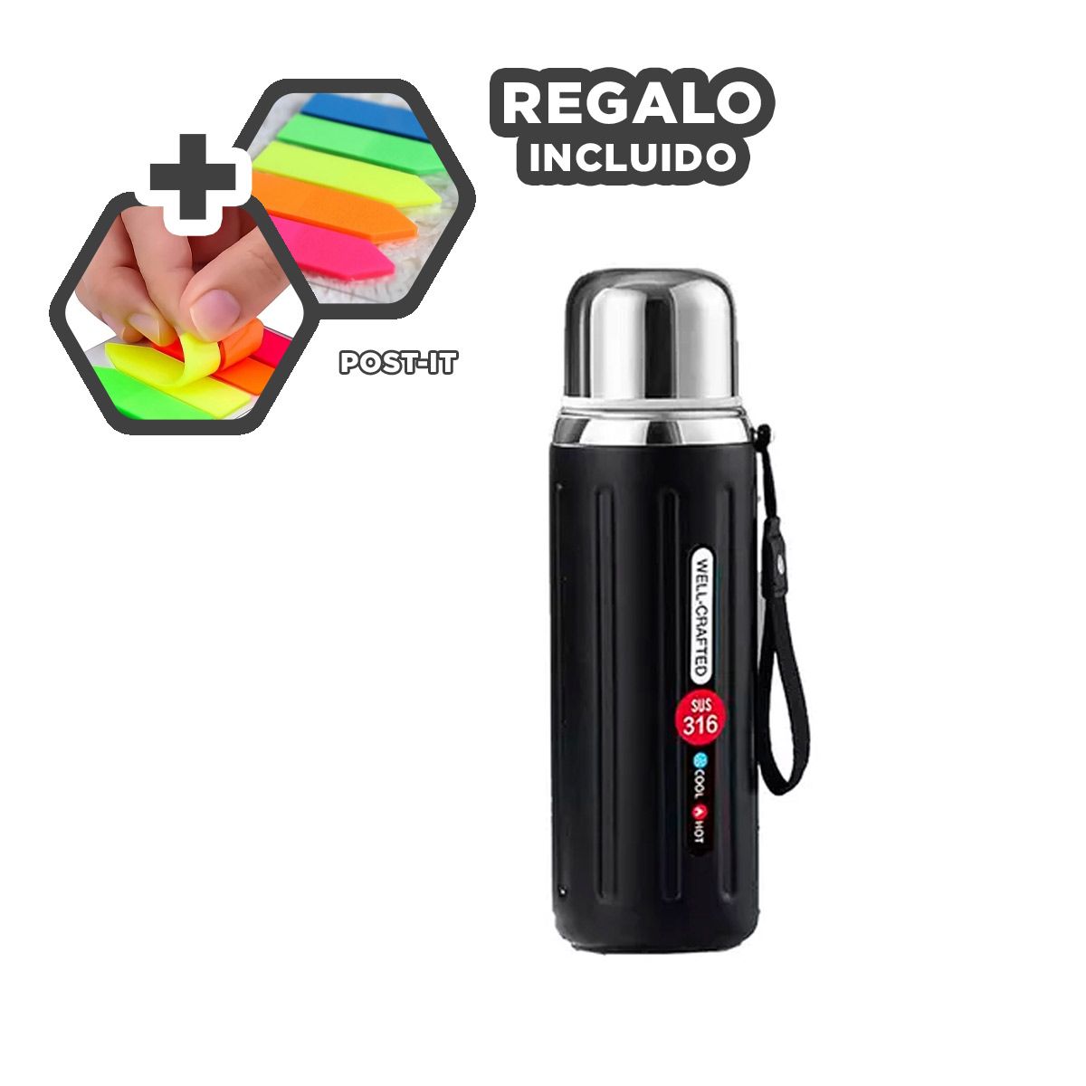 GENERICO - Pack6 Termo Practico Gym 800ml Negro Y+Banderitas Adhesivas