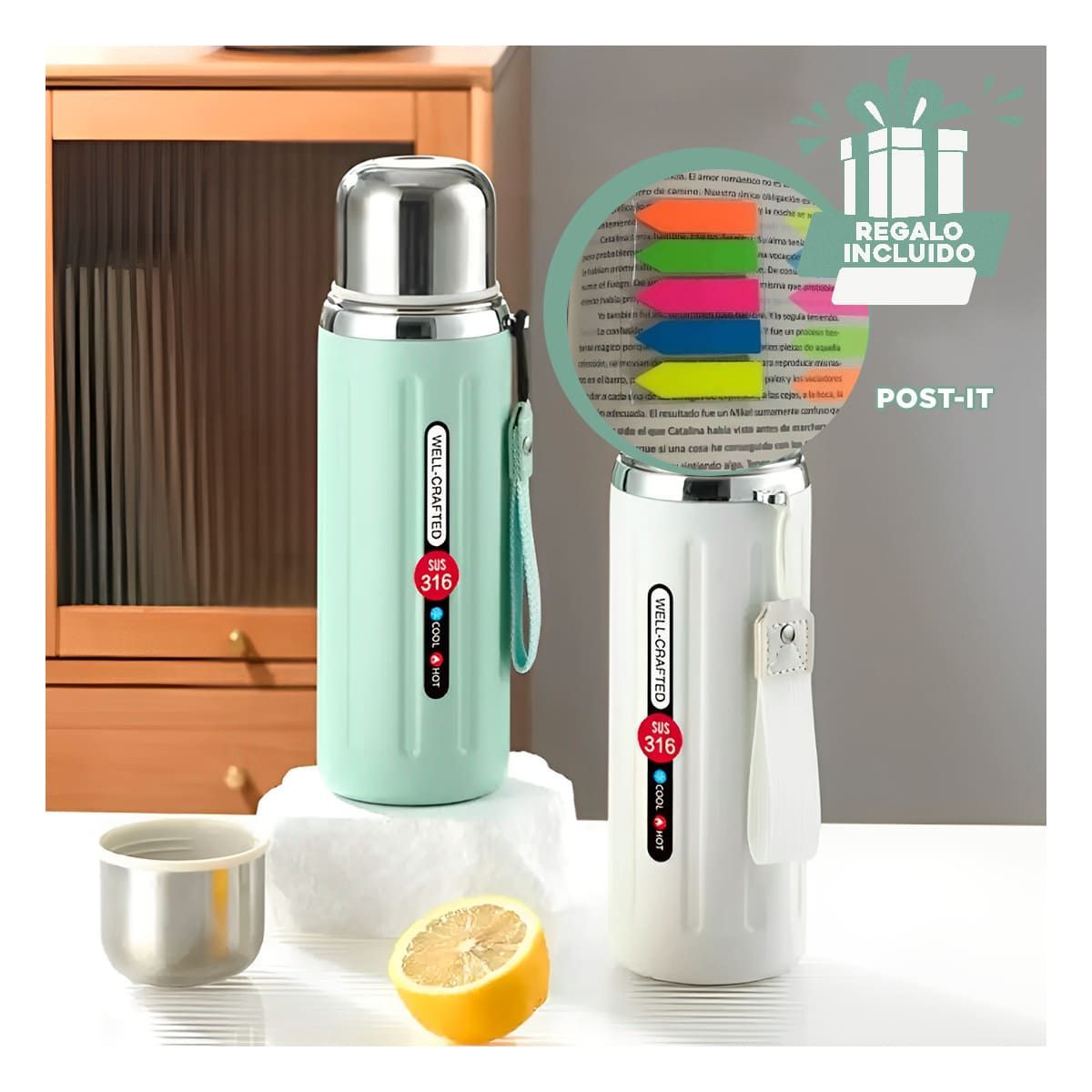 GENERICO - Pack6 Termo Practico Gym 800ml Verde Y+Banderitas Adhesivas