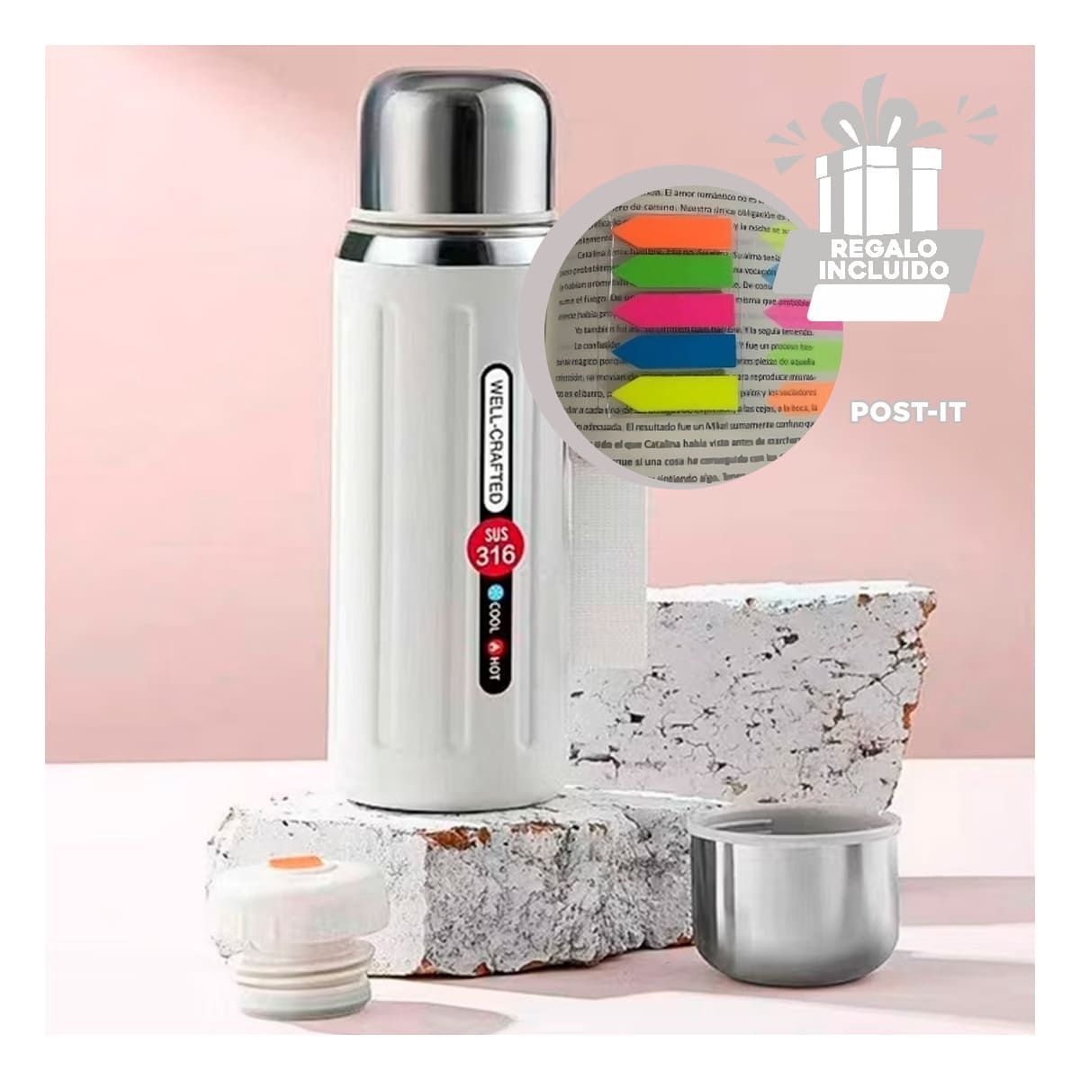 GENERICO - Pack6 Termo Practico Gym 800ml Blanco Y+Banderitas Adhesivas