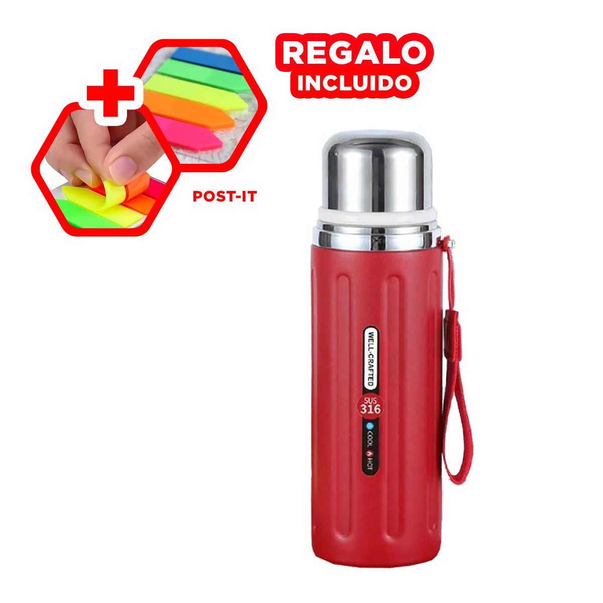 GENERICO - Pack6 Termo Practico Gym 800ml Rojo Y+Banderitas Adhesivas