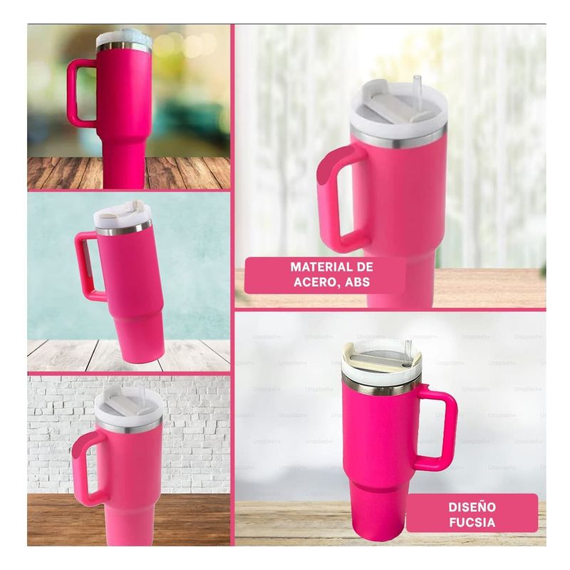 RYBIU IMPORT - Vaso Termo con Asa y Sorbete de 1200ml de Color Fucsia