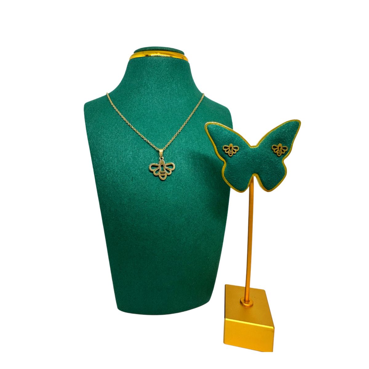 GENERICO - Pack Acero Collar con dije y Aretes - Silueta Abeja Dorado