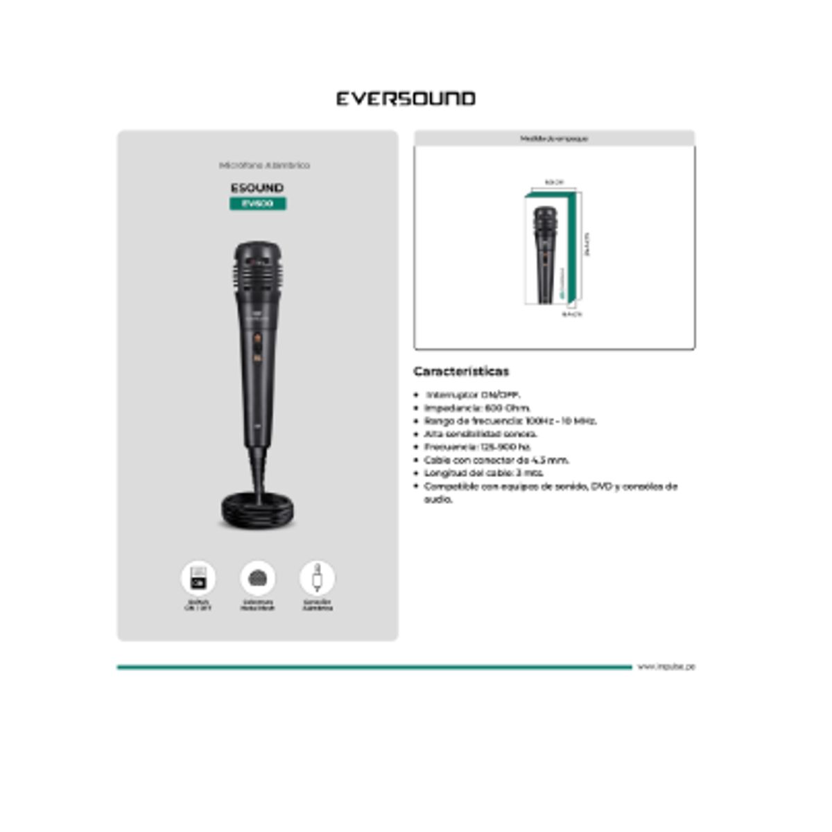 EVERSOUND - Microfono Alambrico ESOUND EV600 CABLE 3M EVERSOUND