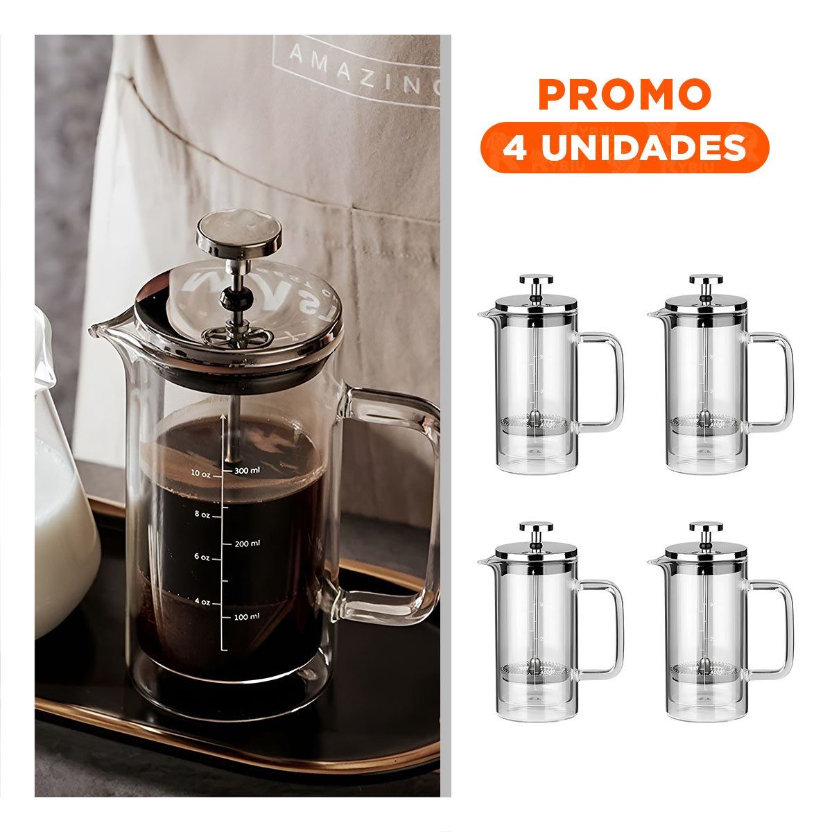 GENERICO - Pack4 Cafetera Francesa con Tapa 350ml PD24-448 Transparente