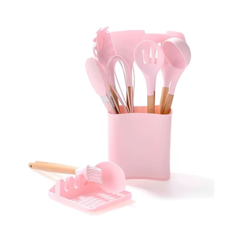 GENERICO - Set11 Cucharones de Silicona con Posa Cucharon Rosado