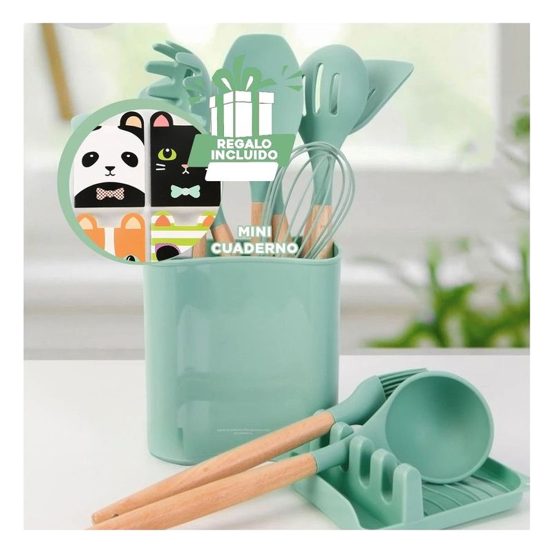 GENERICO - Set11 Cucharones Antiadherente Verde Y+Regalo Agendita