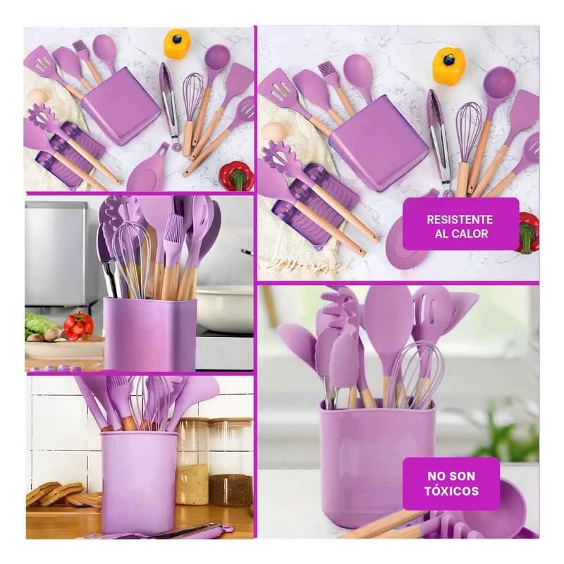 GENERICO - Pack4 Set11 Cucharones para Cocina Lila Y+Regalo Stickers