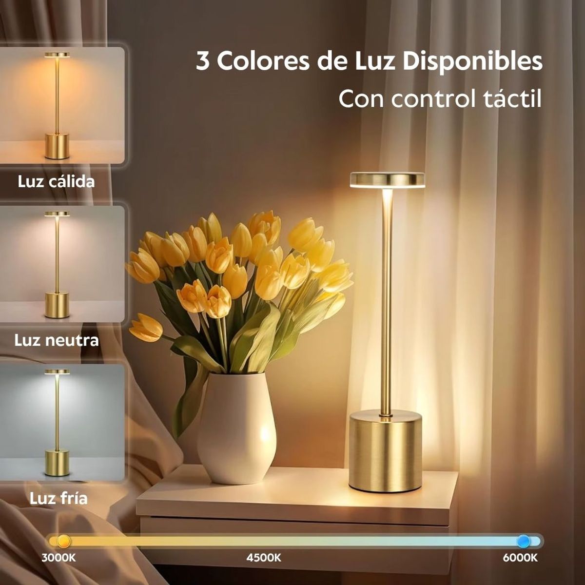 HOGARMAS - Lámpara LED de Mesa YORK Dorada Inalámbrica Portátil