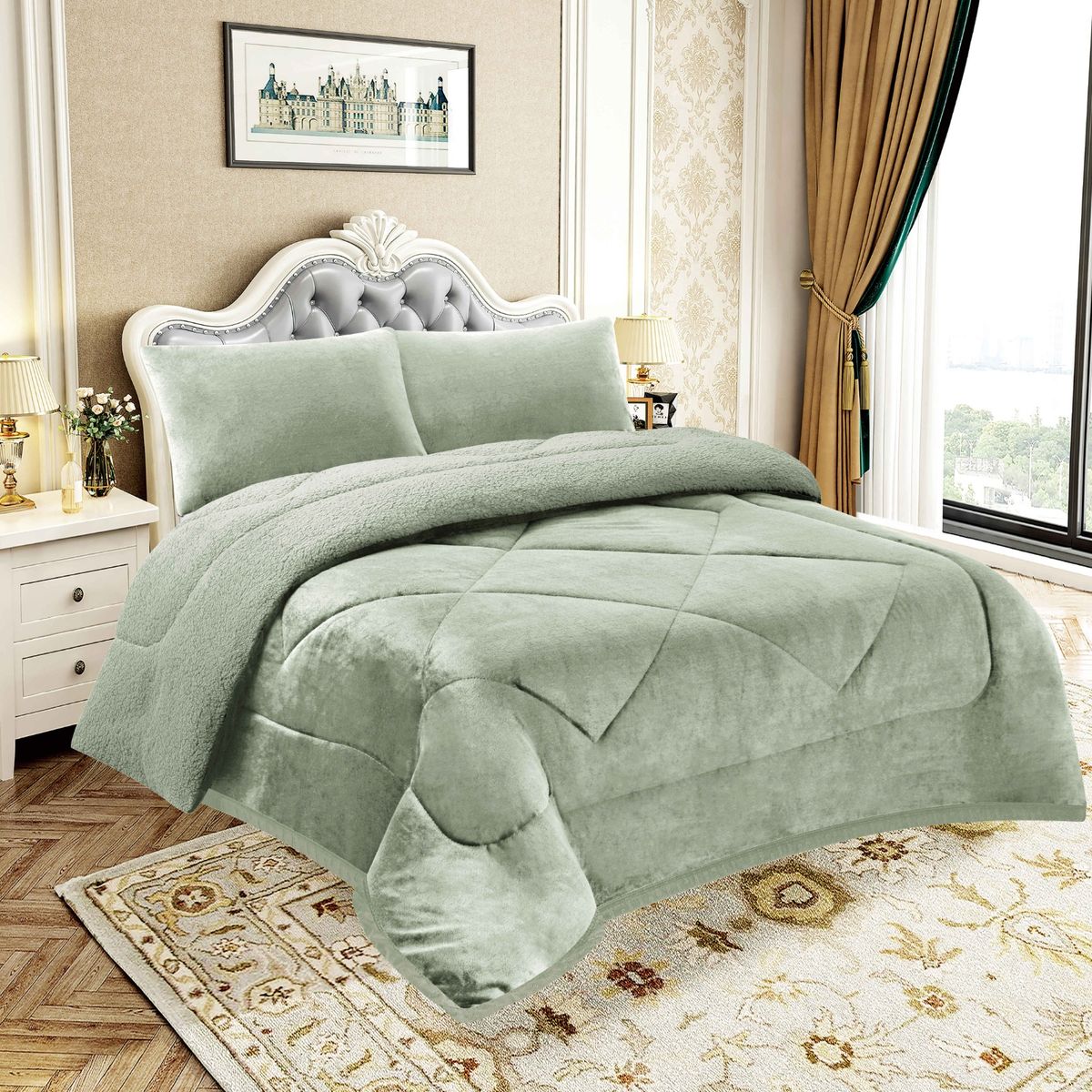 GENERICO - EDREDON PIEL DE ANGEL CON SHERPA  3 PIEZAS VERDE