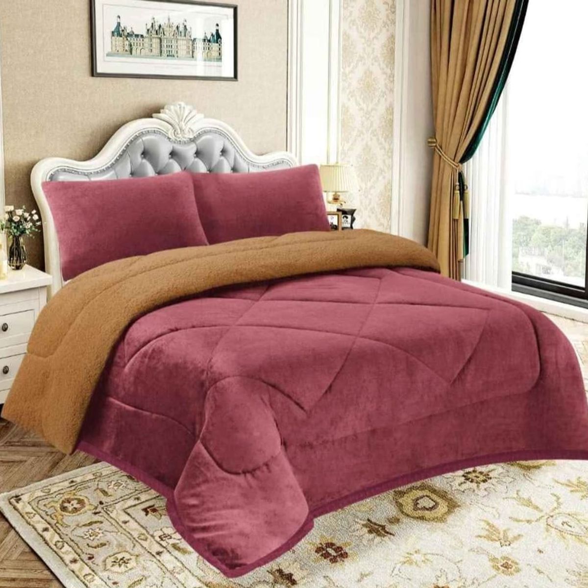 GENERICO - EDREDON PIEL DE ANGEL CON SHERPA  3 PIEZAS VINO TINTO