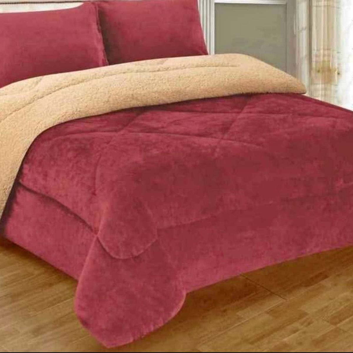 GENERICO - EDREDON PIEL DE ANGEL CON SHERPA  3 PIEZAS VINO TINTO