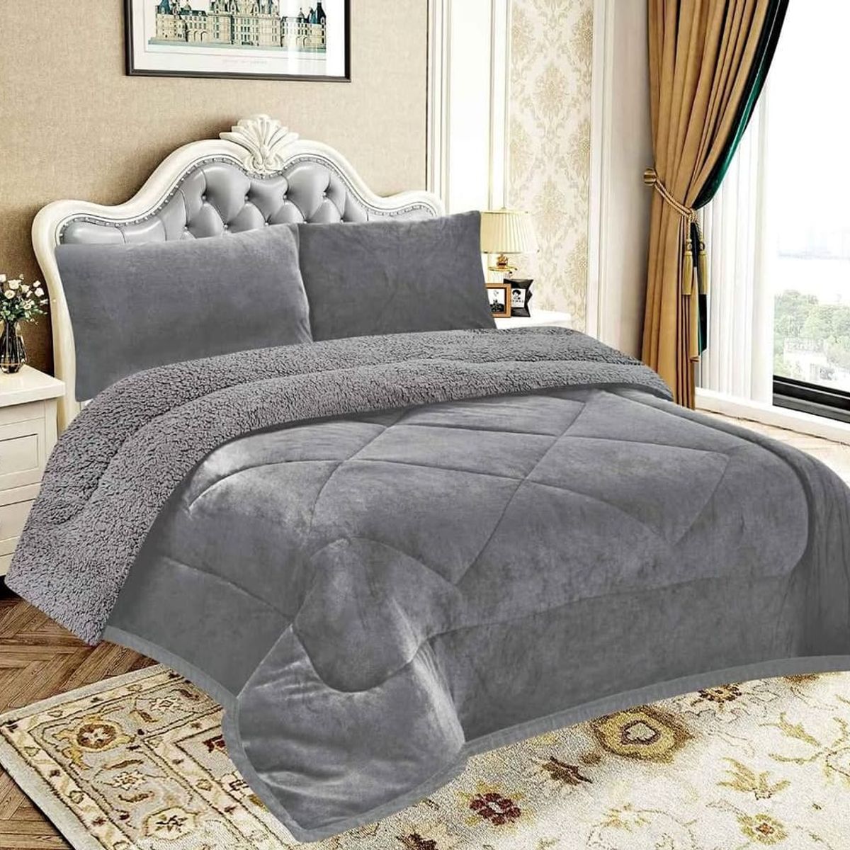 GENERICO - EDREDON PIEL DE ANGEL CON SHERPA  3 PIEZAS GRIS