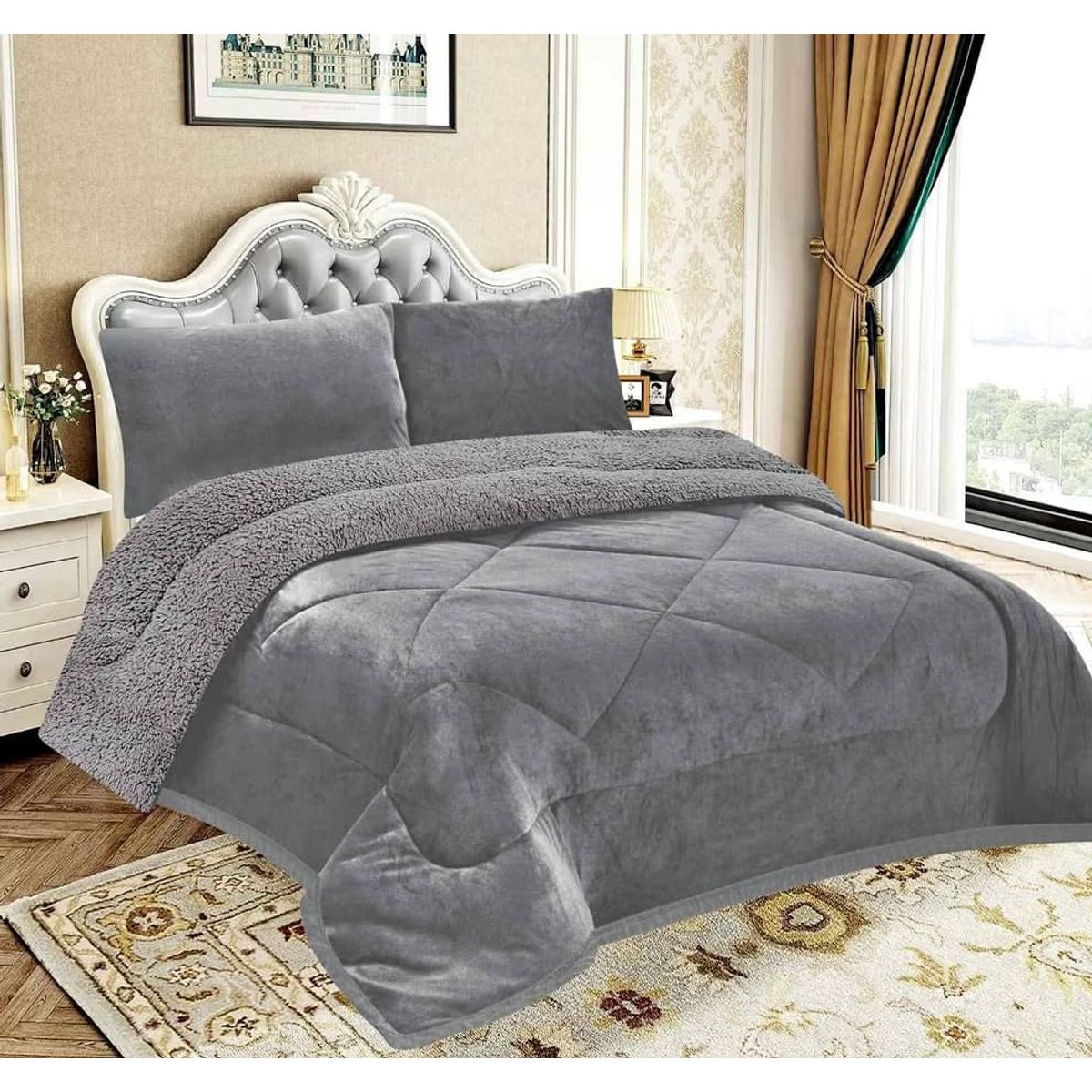 GENERICO - EDREDON PIEL DE ANGEL CON SHERPA  3 PIEZAS GRIS