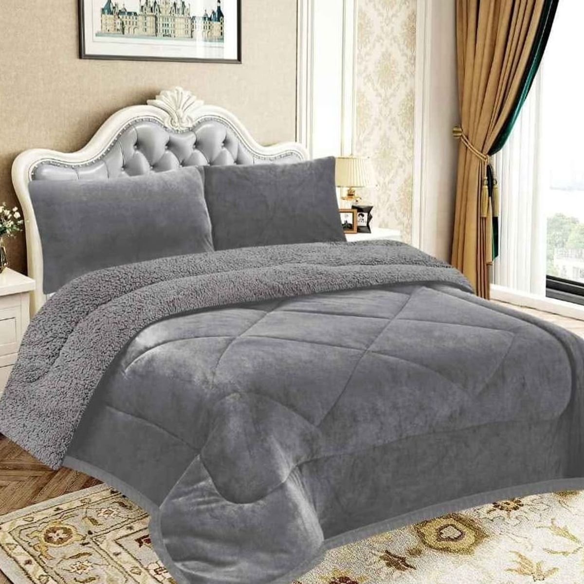 GENERICO - EDREDON PIEL DE ANGEL CON SHERPA  3 PIEZAS GRIS