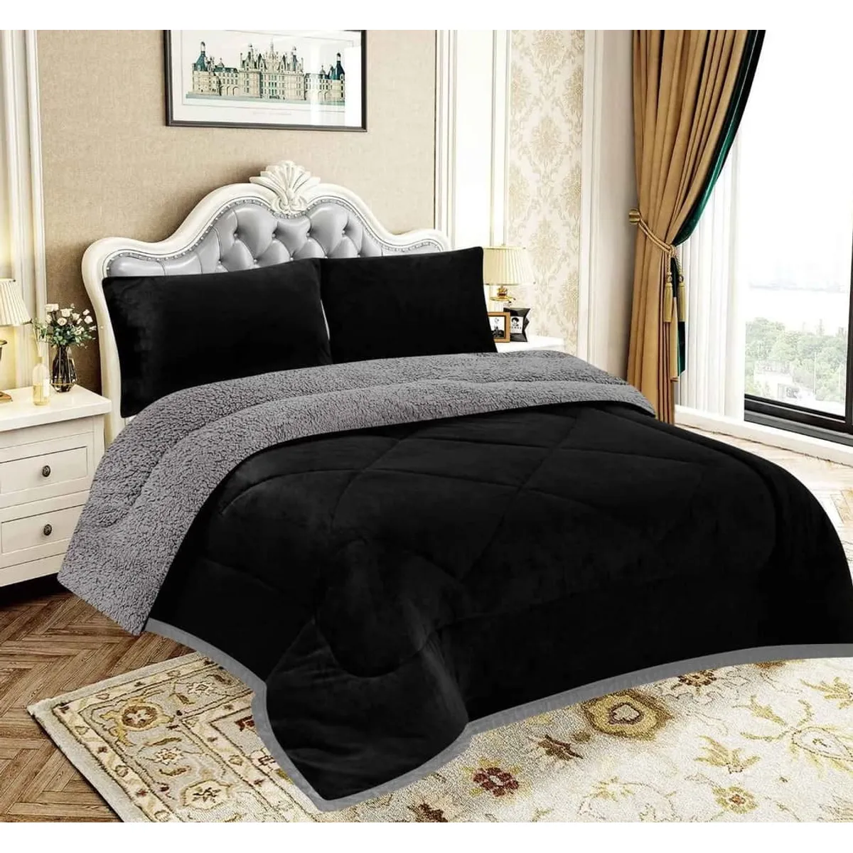 GENERICO - EDREDON PIEL DE ANGEL CON SHERPA  3 PIEZAS NEGRO