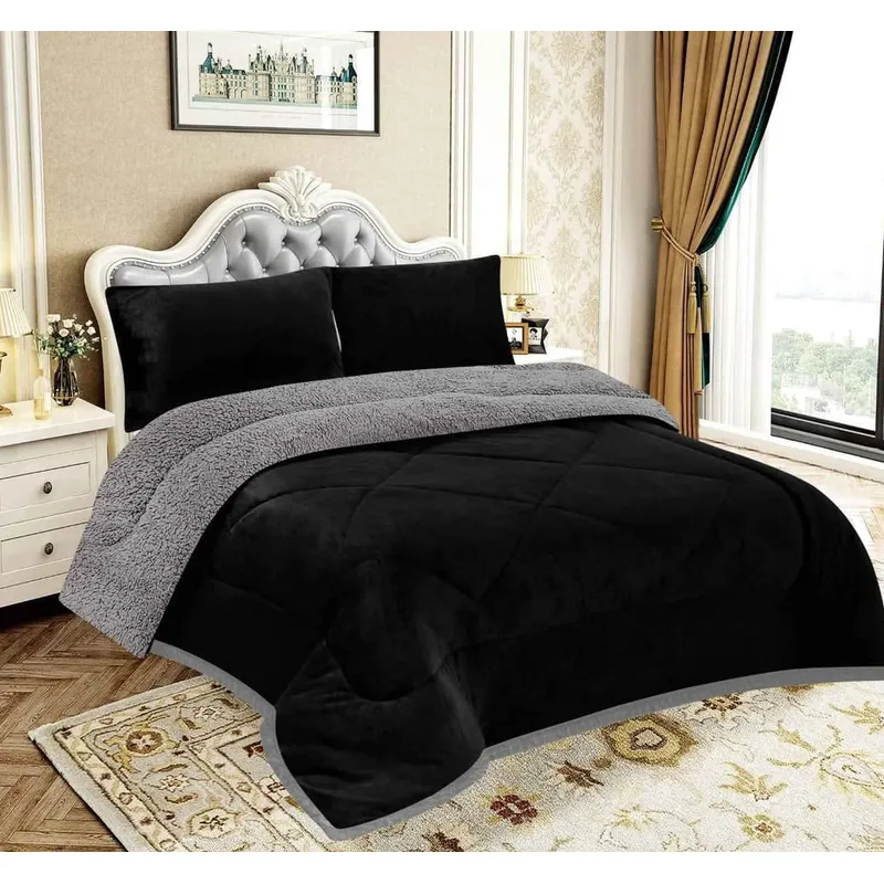 GENERICO - EDREDON PIEL DE ANGEL CON SHERPA  3 PIEZAS NEGRO