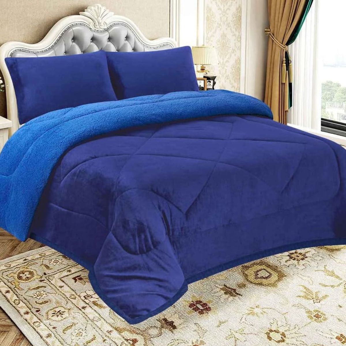 GENERICO - EDREDON PIEL DE ANGEL CON SHERPA  3 PIEZAS AZUL