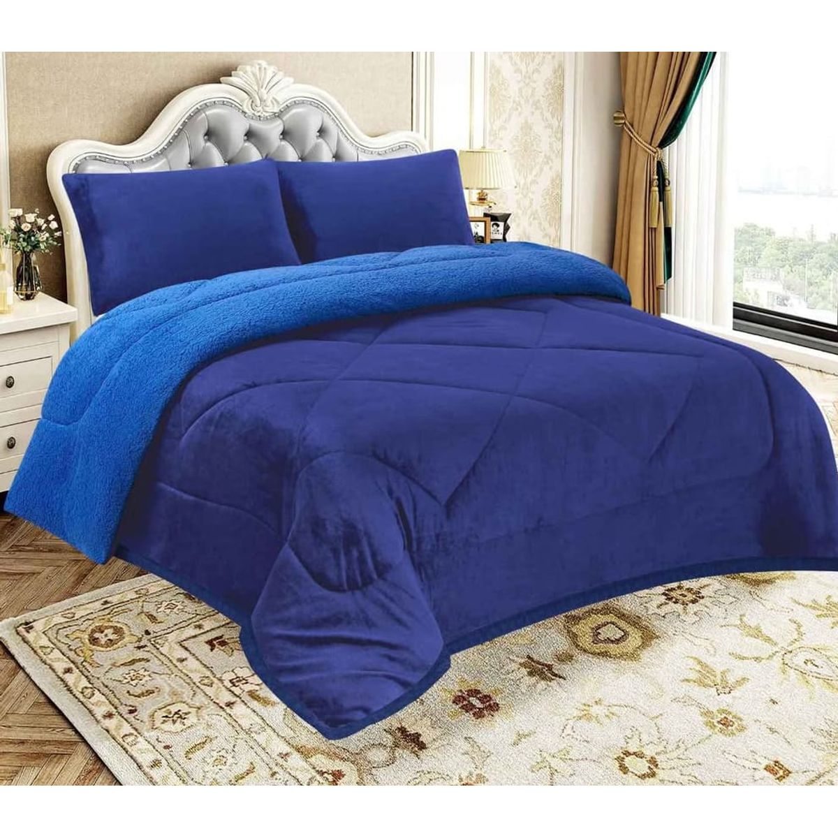 GENERICO - EDREDON PIEL DE ANGEL CON SHERPA  3 PIEZAS AZUL