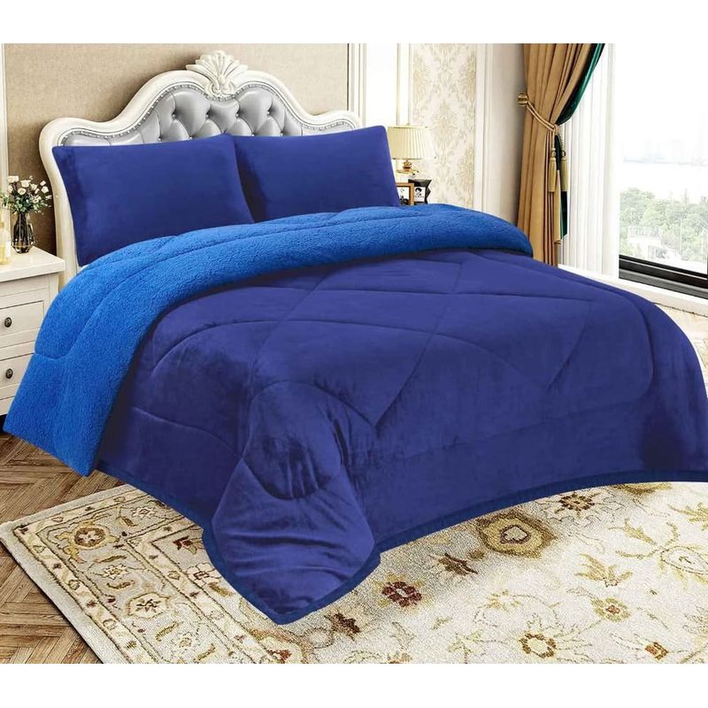 GENERICO - EDREDON PIEL DE ANGEL CON SHERPA  3 PIEZAS AZUL