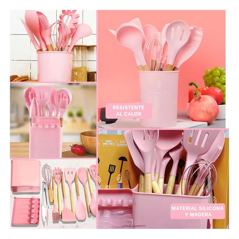 GENERICO - Pack4 Cucharones Antiadherente Rosado Y+Papel de Regalo