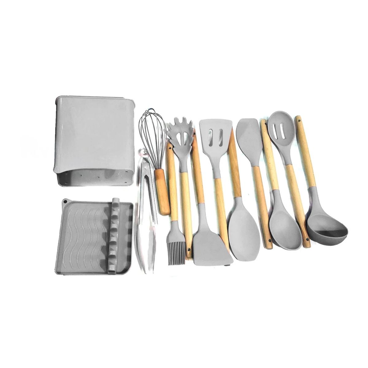 GENERICO - Set11 Cucharones de Silicona con Posa Cucharon Plomo