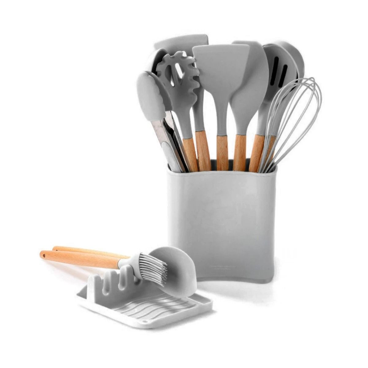 GENERICO - Set11 Cucharones de Silicona con Posa Cucharon Plomo