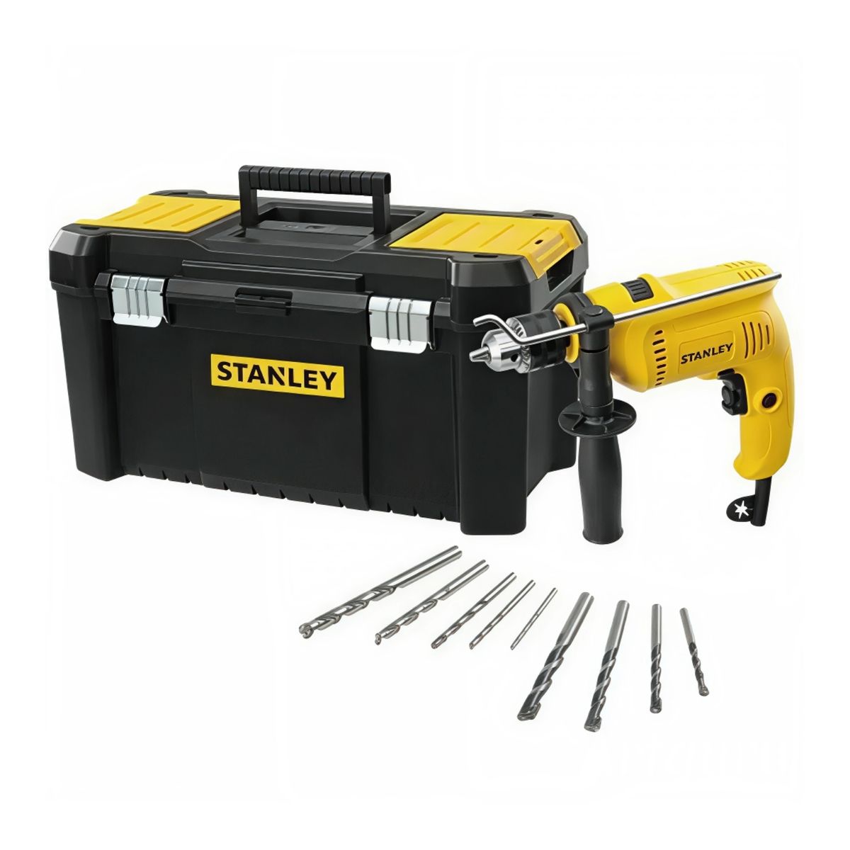 STANLEY - Taladro Perc 1/2" 600W + Caja de Herramientas 19" + 9 Brocas Stanley