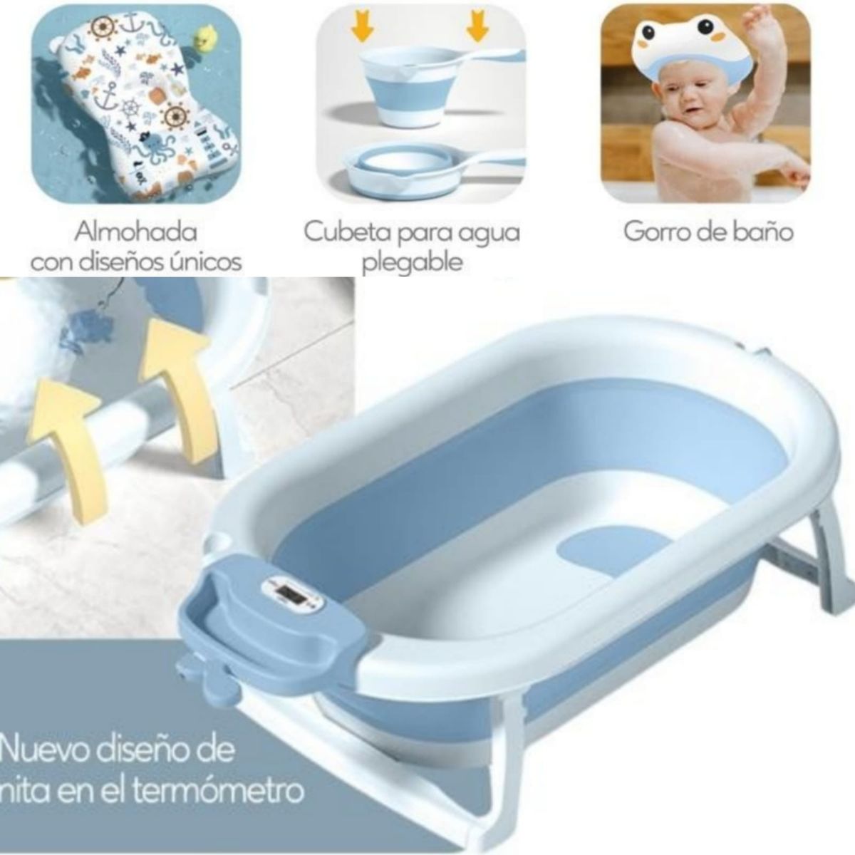 GENERICO - Bañera plegable con Termómetro + Cojín  CELESTE