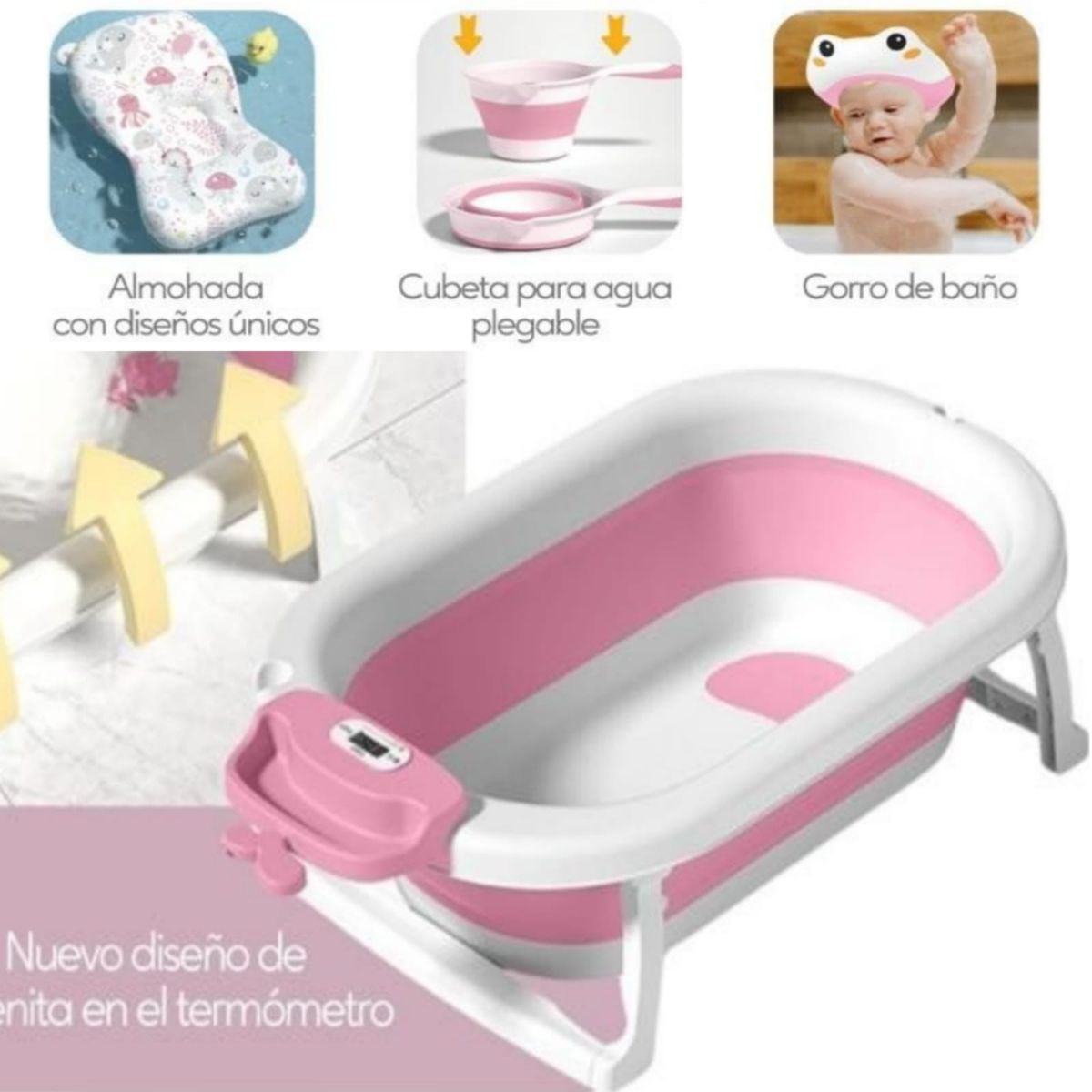 GENERICO - Bañera plegable con Termómetro + Cojín  ROSADO