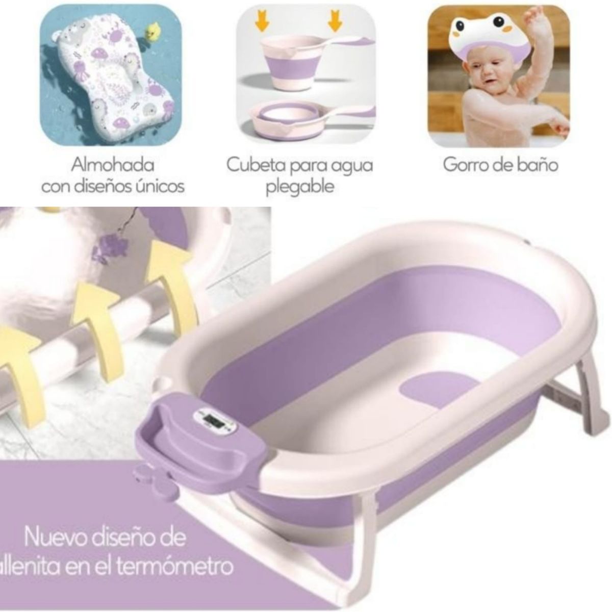 GENERICO - Bañera plegable con Termómetro + Cojín  LILA