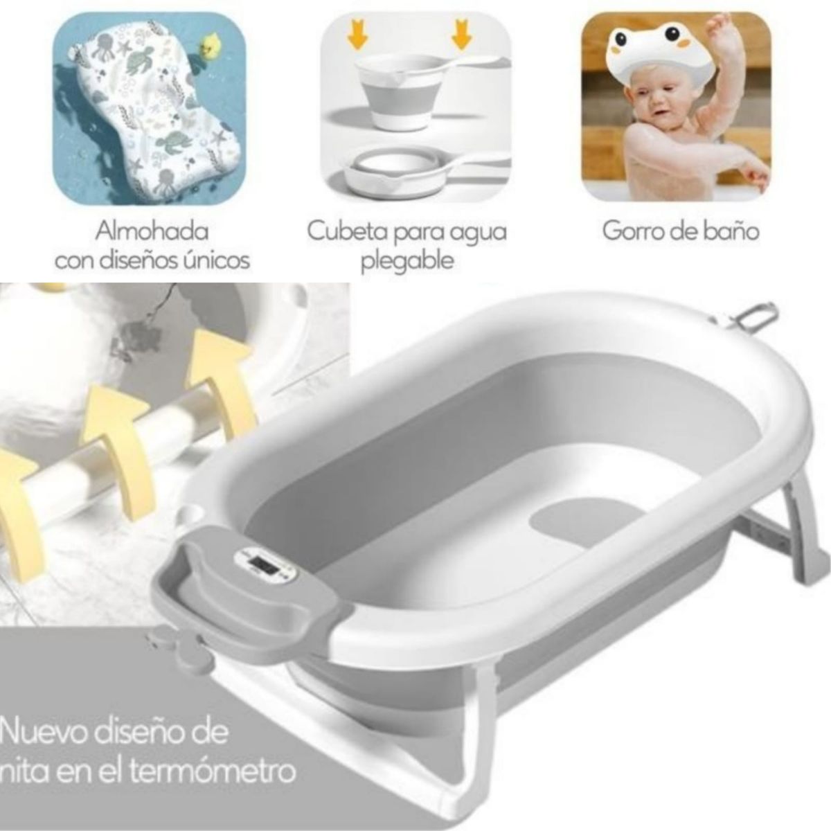 GENERICO - Bañera plegable con Termómetro + Cojín  PLOMO